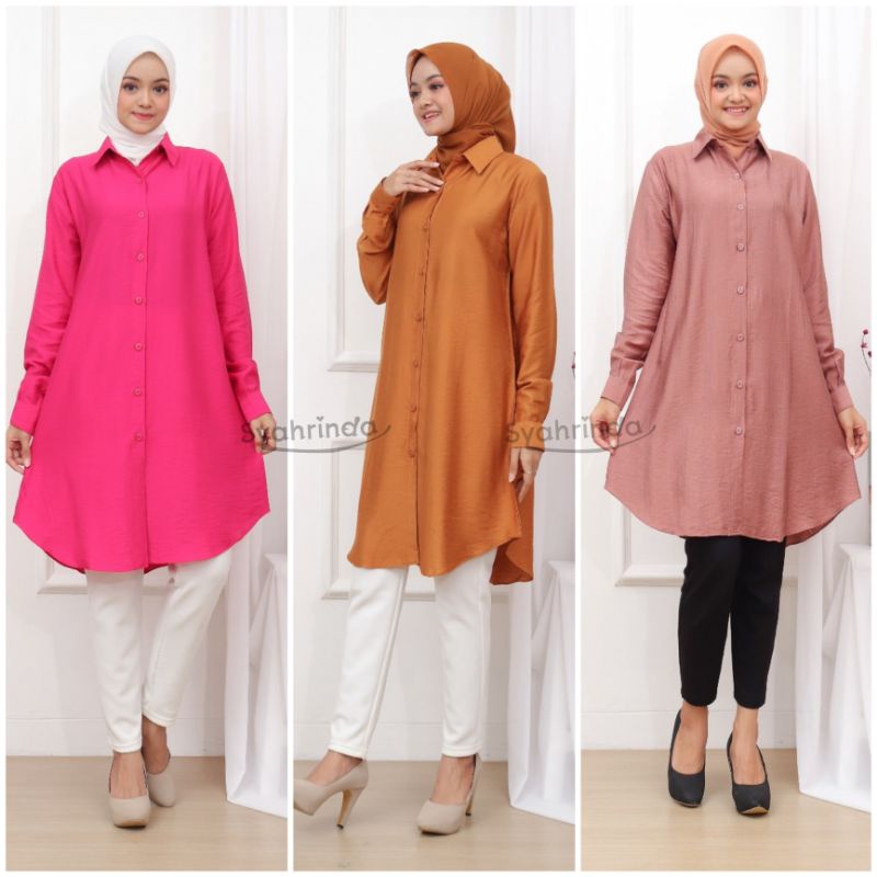 Kemeja Tunik Kantor Polos Hitam atau Putih Bahan Katun Silky Crinkle, Tersedia Ukuran Jumbo 4L