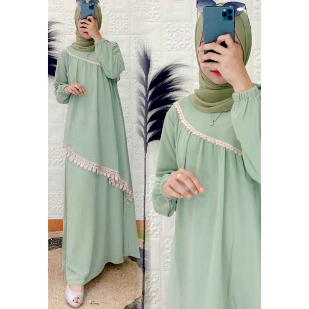 Dress Lebaran Raya Fitri Premium Hijau Mint Renda Simpel Jumbo Kasual Mewah Kekinian Terbaru 2023