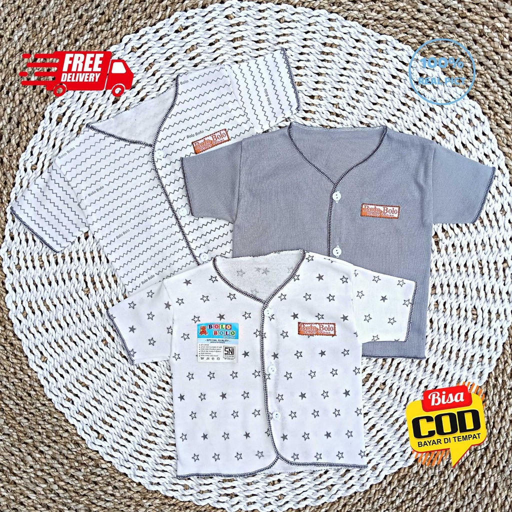 SALE 7.7 Serian Abu - 3 pcs Baju Bayi Tangan Pendek Bayi Baru Lahir 0 sd 3 Bulan Grey Series merk SNI Bolo - Bolo