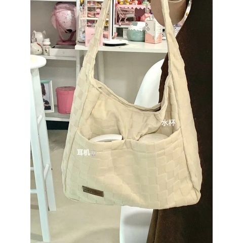 ✒☎Tas jinjing berkapasitas besar wanita 2022 baru trendi tas kanvas kotak-kotak tas bahu bepergian all-match tas kelas siswa