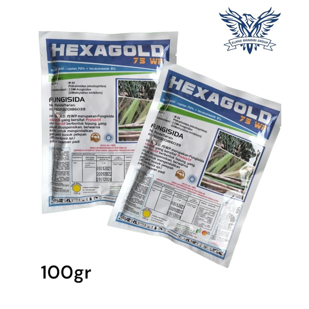 FUNGISIDA HEXAGOLD 75 WP 100 GRAM Bahan aktif kaptan 70% dan hekzakonazol 5% Untuk Mengendalikan Penyakit Busuk Pelepah pada Tanaman Padi Heksa Orthocide Anvil Kontaf Kontaf plus