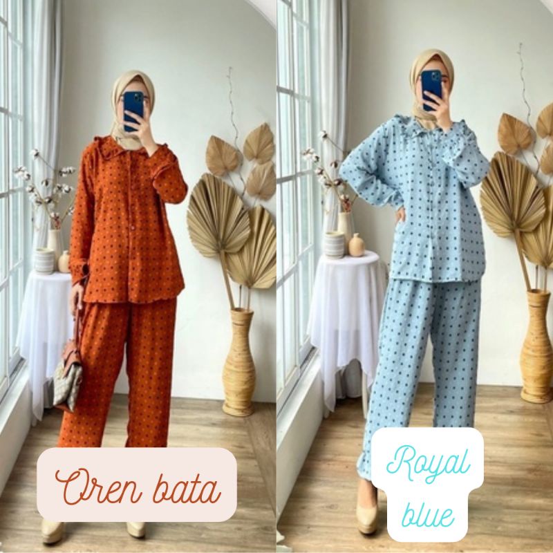 One Set Baju Dan Celana Busui Rubiah Crinkle Motif Polkadot Satu Set
