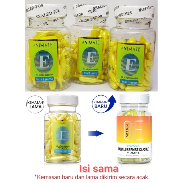 BIOAQUA Animate Vitamin E Facial Oil Serum Wajah Glowing Vit E Isi 60 Kapsul Essence Muka Nutrisi Anti Aging Skin Care Beauty Kulit Glowing Kinclong Bebas Jerawat Anti Noda Hitam Flek Rumah Cantik 354