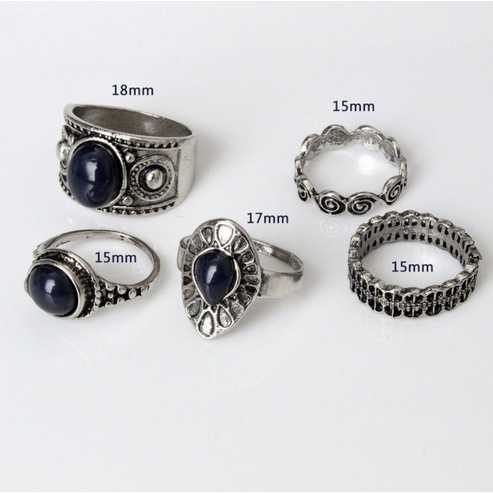 Hu Hu Hu Hu Hu Alat Bantu Pasang Kacamata♡ 5pcs / Set Cincin Alloy Gaya Vintage Bohemia Dengan Batu Biru Untuk Wanita