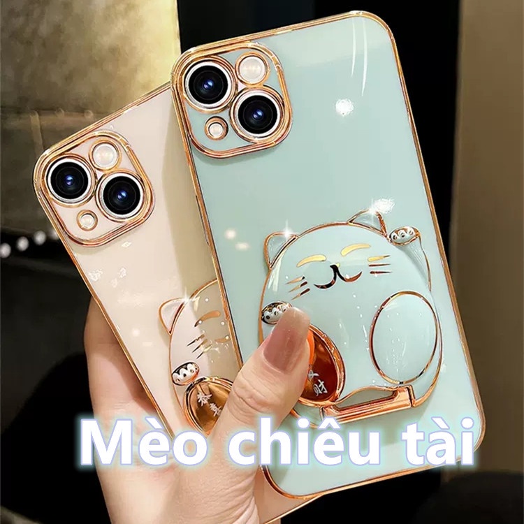 IPHONE 3d Fortune Cat Plating Stand Holder Phone Case Untuk Iphone12 Pro Max13 Pro Max14 Pro Max14Plus Casing Soft Cover Silikon Ultra-Tipis Mewah