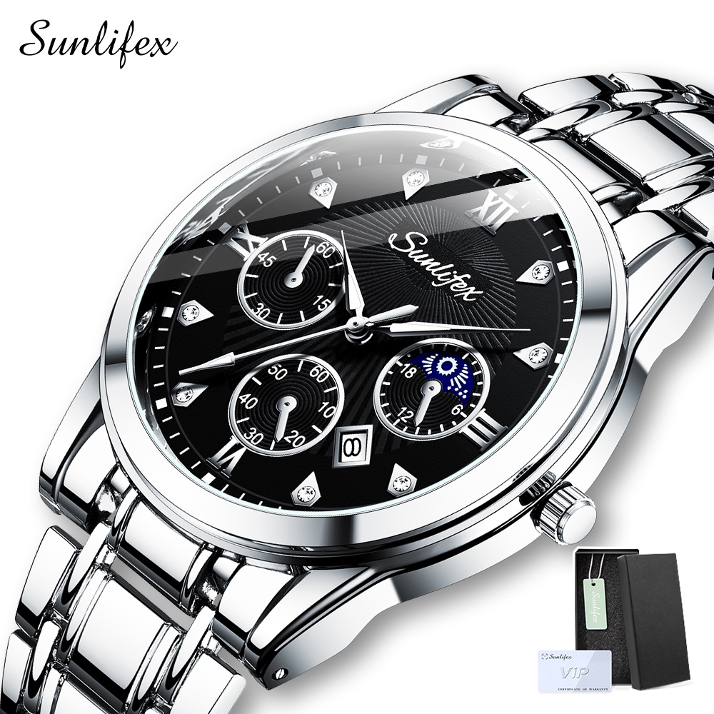 Sunlifex Jam Tangan Pria Original 9004A Kuarsa Calendar Tali Stainless Steel Mode Santai Jam Tangan Cowok-1