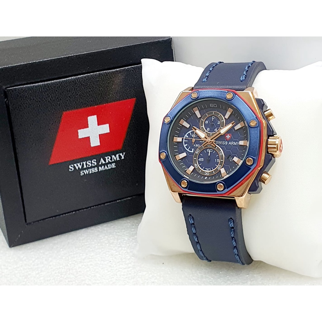 Jam Tangan Pria Swiss Made Army Terbaru Crono Tanggal Aktif Kualitas Super Premium Bahan Kulit / Jam