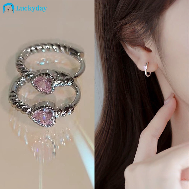 YEEZII Y2k Anting Hati Zirkon Merah Muda Untuk Wanita Twist Silver Earring Perhiasan Aksesoris