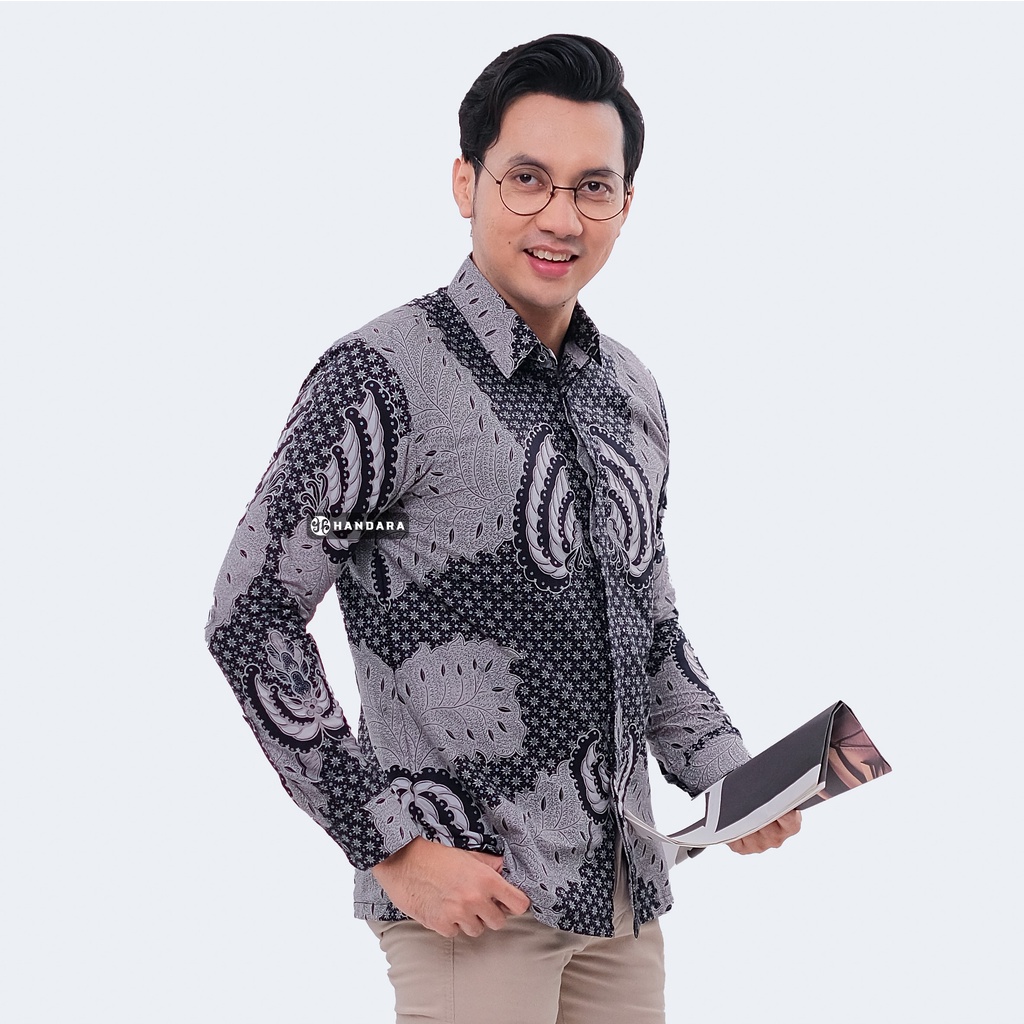 Baju Kemeja Batik Pria Lengan Panjang Slim Fit Premium Modern Full Furing Katun Halus Original Handara Motif Kapal Kandas Abu HB-308