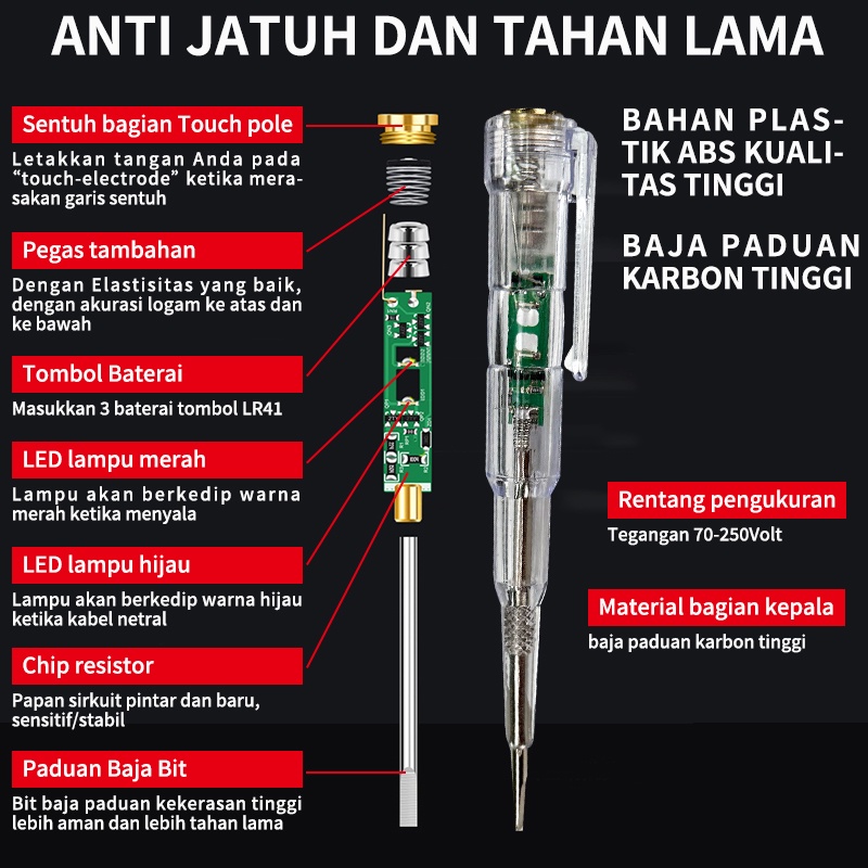 ISKU Obeng Test Pencil TesPen Tester 14cm with Indicator Dual LED Highlighting Rentang Uji 70-250V Anti Jatuh Dan Tahan Lama TesPen Mudah Dibawa