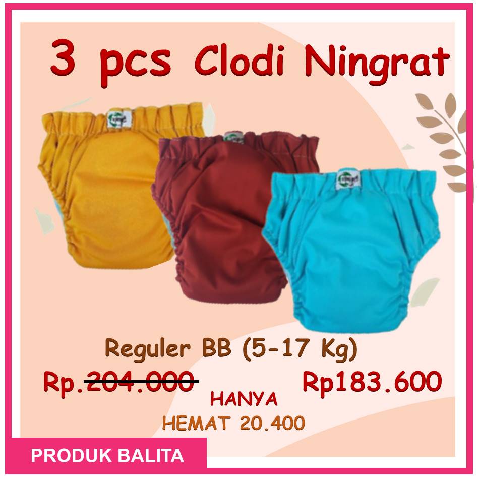 Paket Murah 3 Pcs Clodi Ningrat AIO Reguler  Motif Polos BB 5-17 Kg  Popok All In One Cuci Ulang