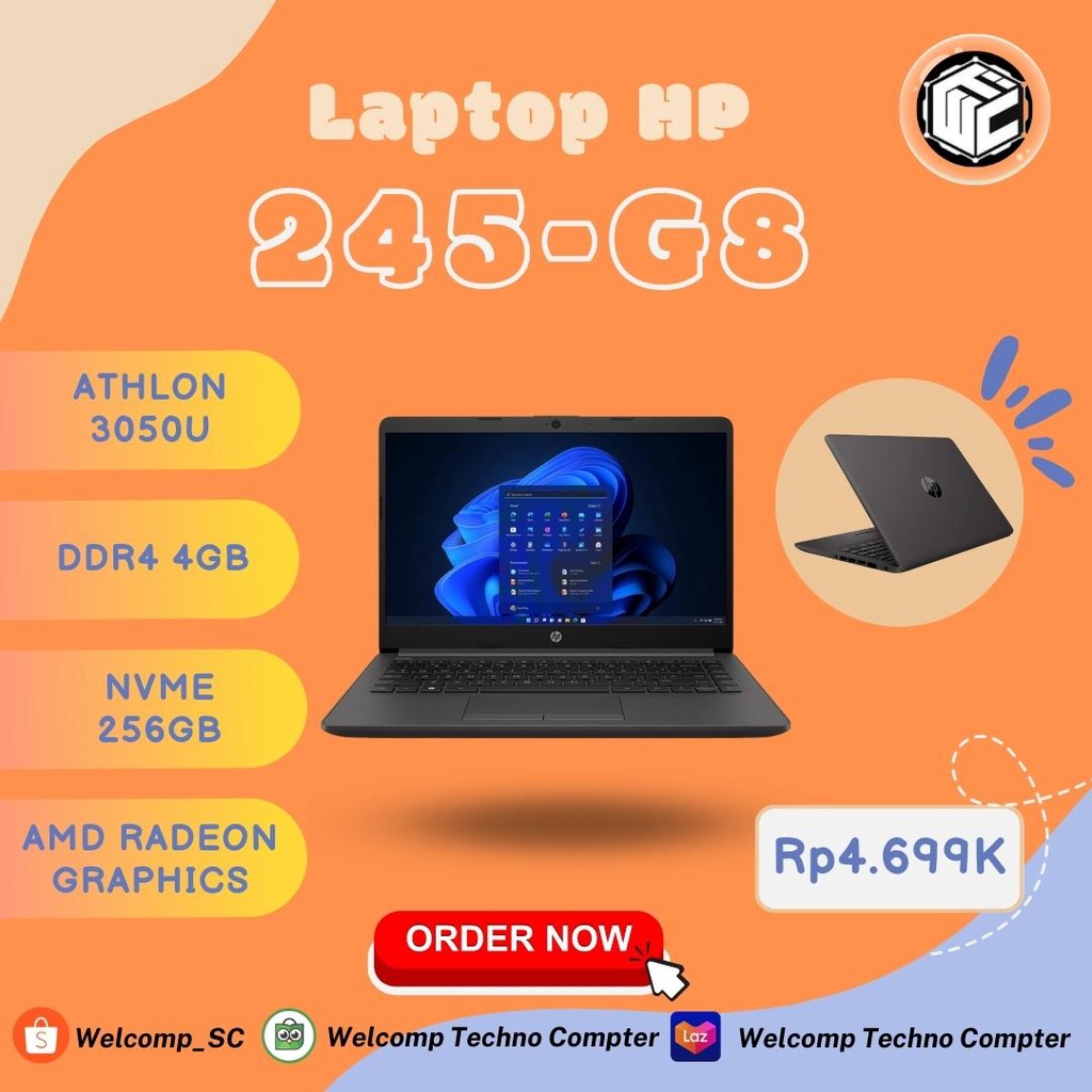 Laptop HP 245-G8 Athlon 3050U/DDR4 4GB/14 FHD/Slim Bezel New