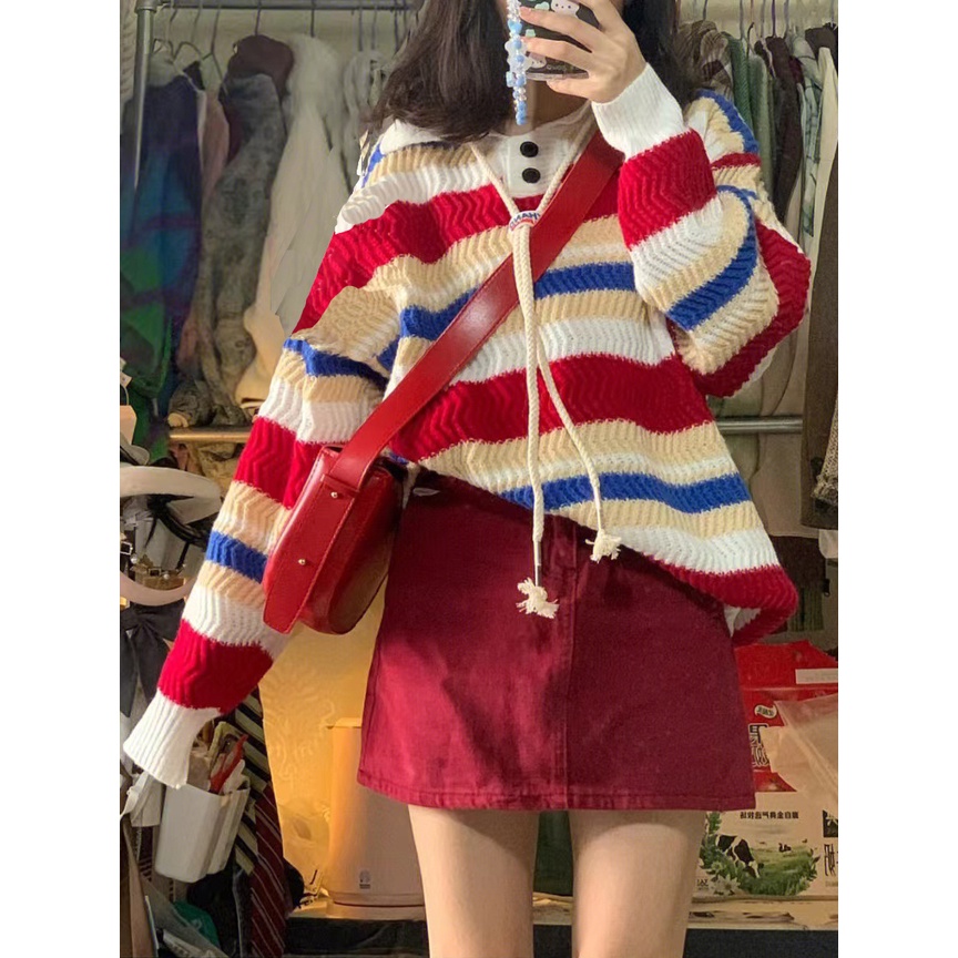 Red Manis garis pelangi Jepang warna kontras polo collar sweater siswa perempuan musim gugur dan musim dingin pakaian rajut Korea baru pasang teratas