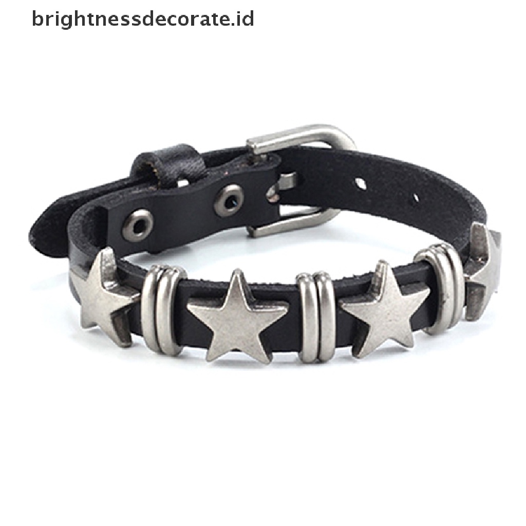 [Birth] Retro Punk Gelang Kulit Imitasi Untuk Pria Wanita Bintang Kulit Gelang Adjustable Rivet Alloy Bracelet Goth Perhiasan Aksesoris Pakaian [ID]