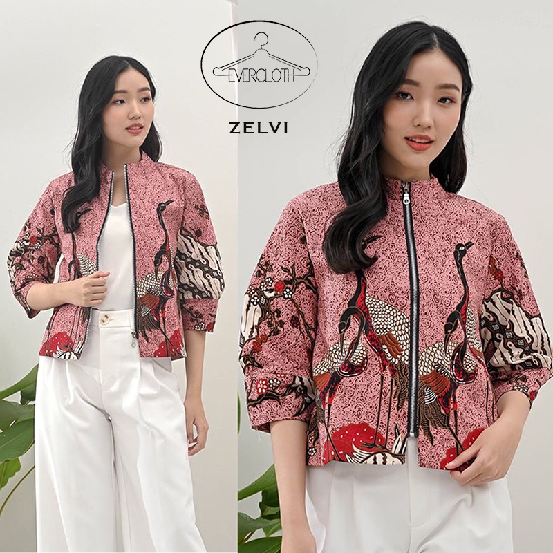 Evercloth Zelvi Jaket Wanita Batik Jacket Wanita Outer Rompi Wanita Jumbo Luaran Batik Couple Seragam Set Burung Pink