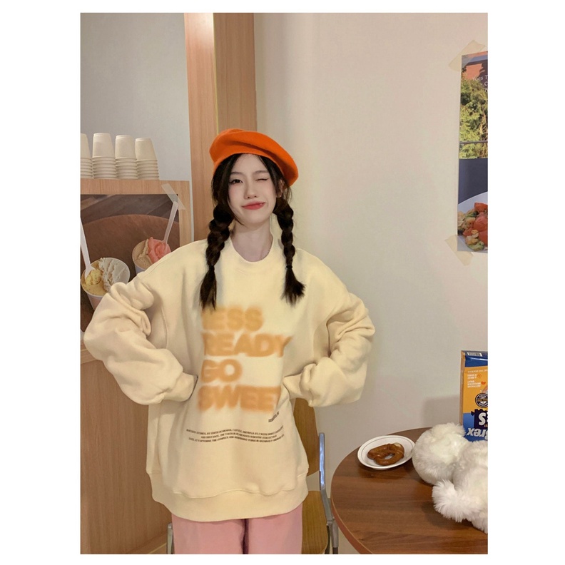 ◑American Retro National Tide High Street Leher Bulat Sweater Wanita Longgar Musim Semi dan Musim Gugur Oversize Malas Angin Lengan Panjang top Coat