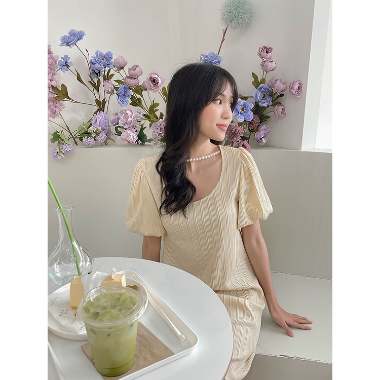 Kadaka D-0211 Dress Pleats Premium Puffy Sleeves Detail Pearl