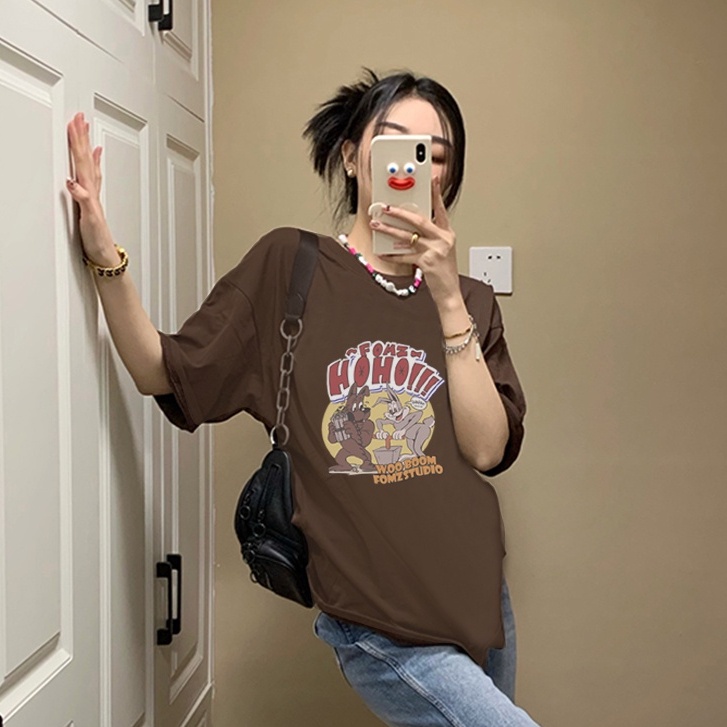 Cartoon Kaos Lengan Pendek Cream Atasan Wanita Oversize Printed T-shirt Kekinian Korean Style/t shirt tee