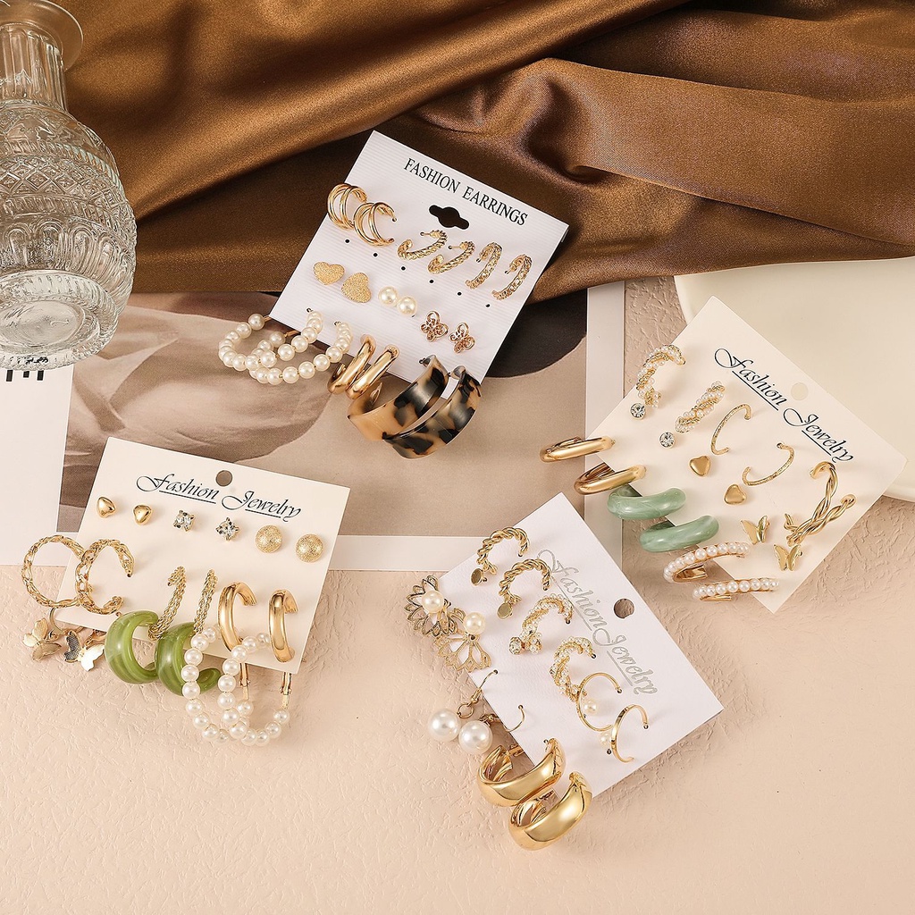 6per18/36pasang INS Gaya Anting Set Sederhana Berlian Imitasi Mini Stud Earrings Vintage Warna Emas Mutiara Hoop Earrings Wanita Perhiasan Trendi