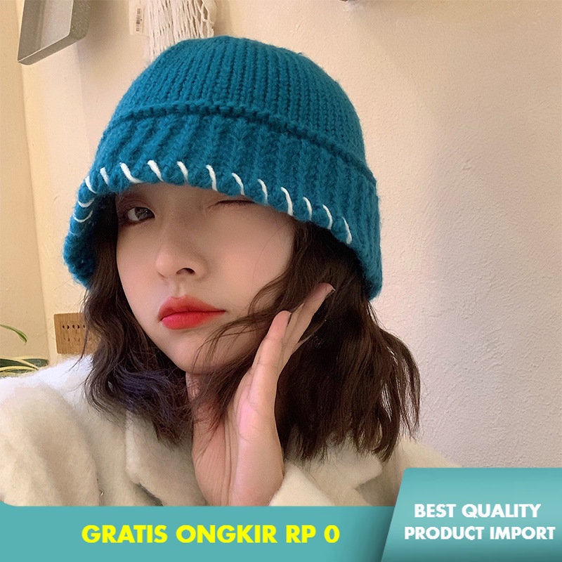Bucket Hat Biru Kasar Benang Ember Topi      Korea  All-Match Besar Lingkar Kepala Hangat kunci Edge