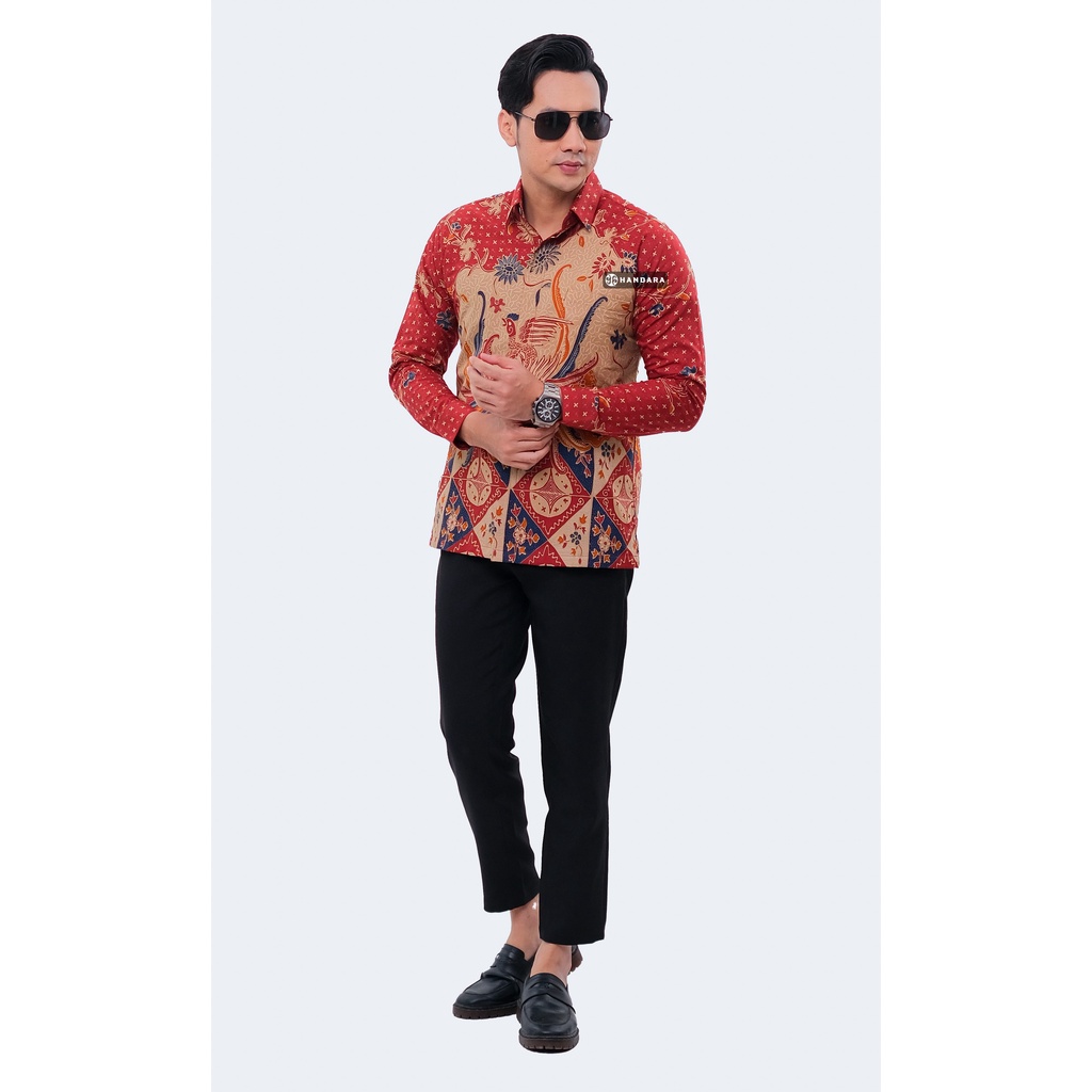 Handara Batik Pria Lengan Panjang Slim Fit Premium Kawung Wajik Merah HB-318