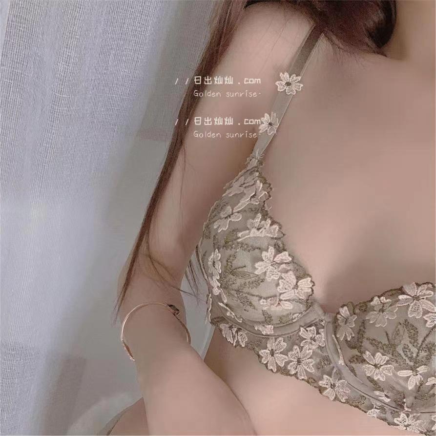 Bordir renda Prancis mengumpulkan dada kecil dengan cincin baja bra set pakaian dalam wanita