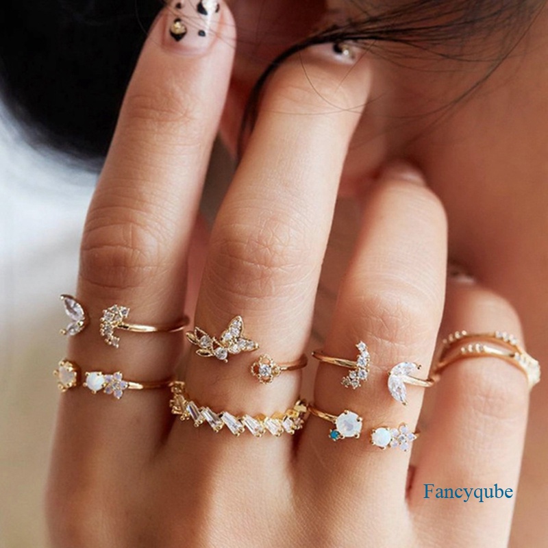 1set Bohemian Cincin Bersama Terbuka Berlian Diamond Bunga Kristal Ring