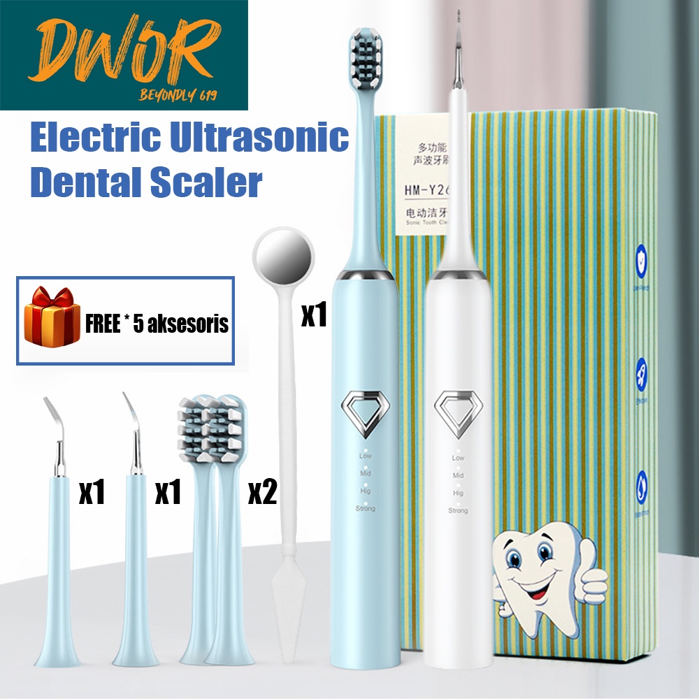 2 in 1 Electric Ultrasonic Sonic Dental Scaler USB Toothbrush Tooth Cleaner IPX7 Waterproof Whiten Teeth Tartar Remover Tool FREE 5 Aksesoris