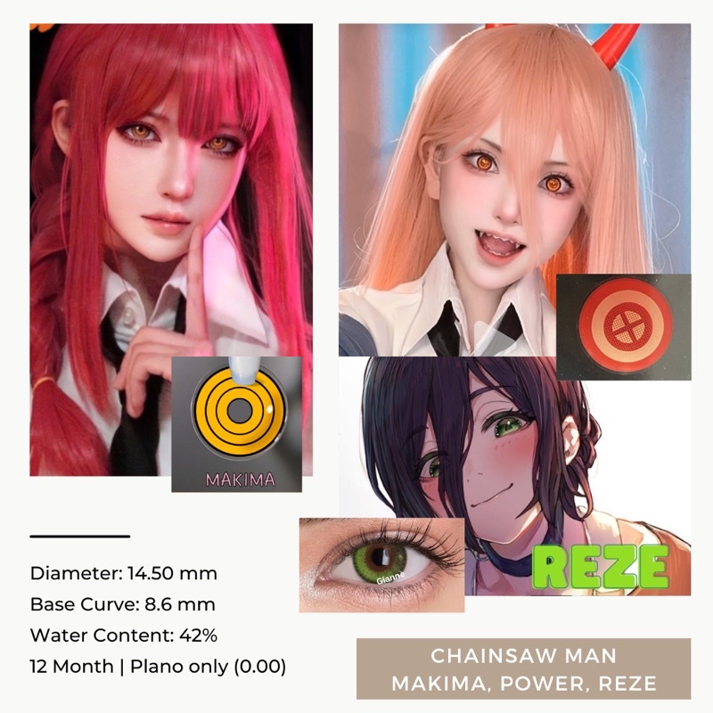 (READY) Softlens Chainsaw Man Makima, Power, Reze Cosplay Jepang Douyin