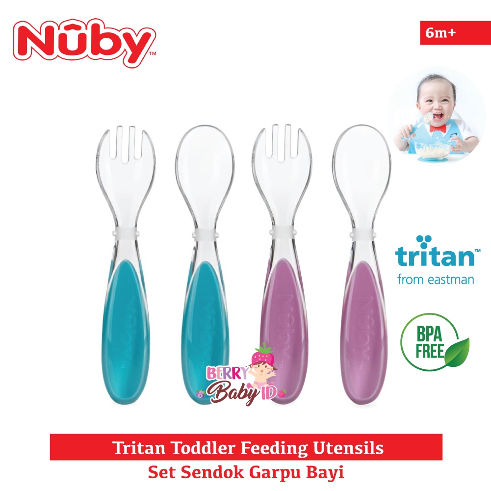 Nuby Tritan Toddler Feeding Utensils Spoon &amp; Fork Sendok Garpu Bayi Berry Mart