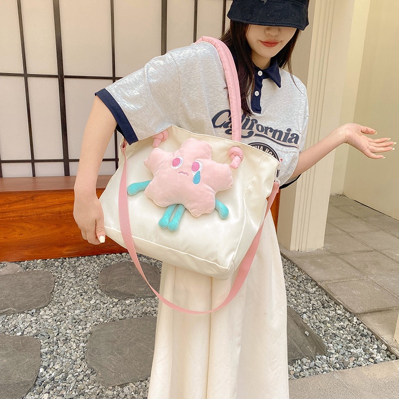 □₪♣Sera Canvas Big Bag Girls Cute Flowers Diagonal Student Class Shoulder Bag Korean Style Literary Girl Serbaguna Commuter Bag