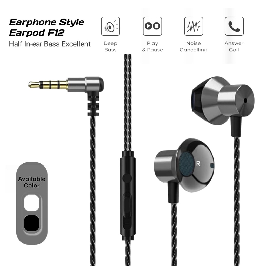 Bass Ear pod Style F12 Stereo Earphone Half In Ear Headset With Mic