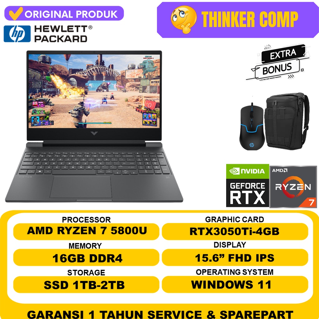 Laptop Gaming HP VICTUS 15 AMD Ryzen 7 5800H Ram 32GB 1TB SSD FHD IPS Windows 11 Termurah