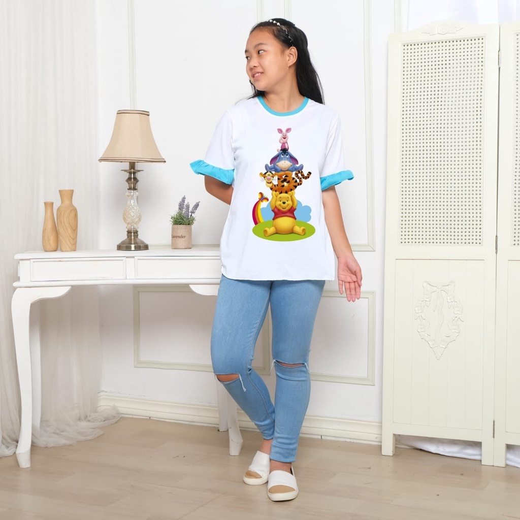 Hzl_outfit Baju Kaos Salma Lengan Kerut Pendek The Pooh Tigger/ Atasan Anak ABG Cewek