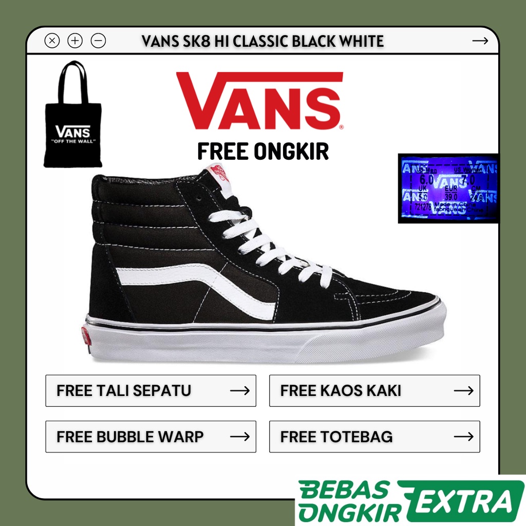 Sepatu Sk8 Classic High Black White Sepatu Sneakers SK8 Hitam Putih Tinggi