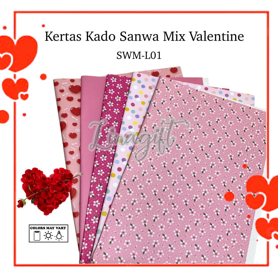 ( 5 Lembar 5 Motif ) VALENTINE MIX SANWA - KERTAS KADO LOVE SANSAN WAWA - GIFT WRAPPING PAPER EDISI ROMANCE ROMANTIC ROMANTIS - FLOWER WEDDING ENGAGEMENT TUNANGAN LAMARAN WEDDING NIKAH PERNIKAHAN HEART