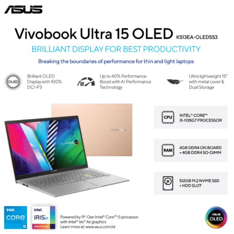 Laptop Asus VivoBook 15 K513EA-OLED553 (Core i5-1135G7/8GB/512GB SSD/15.6″/Iris Xe/Win 11+OHS 2021) 