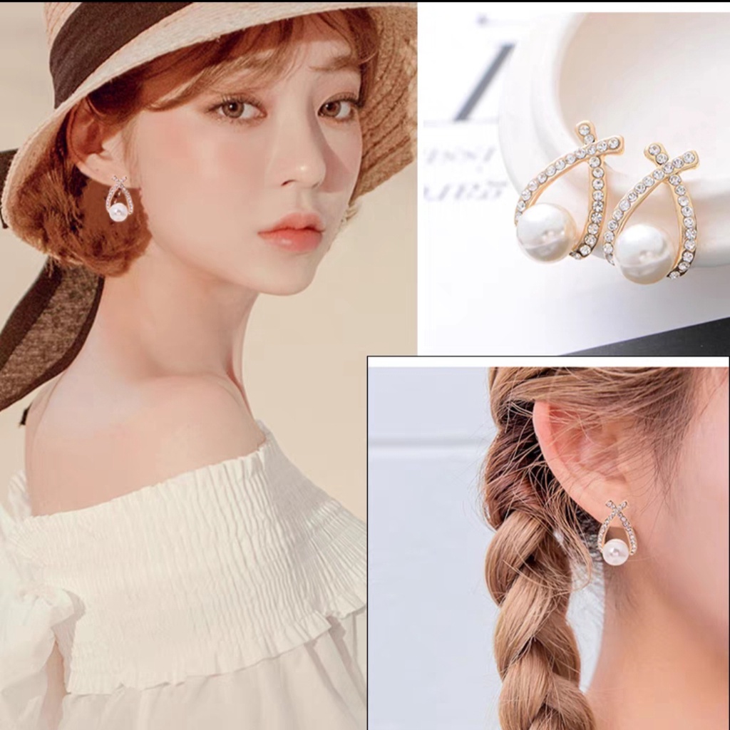 E42 Anting Wanita Stud  Anting Mutiara Permata Silang Gaya Korea Import