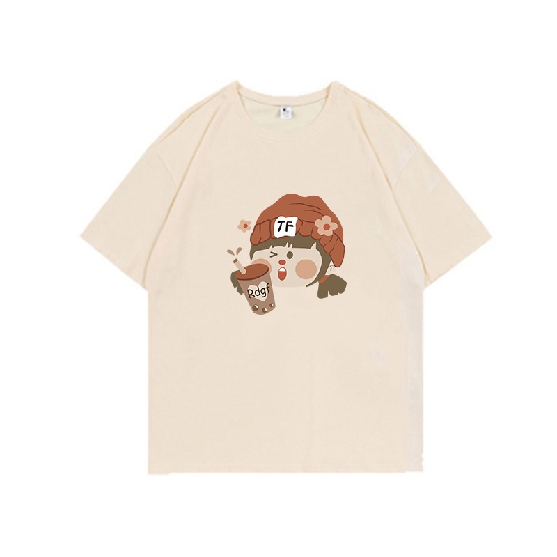 100%  Katun Vintage Kaos Lengan Pendek Cream Atasan Wanita Oversize Cartoon Girl Printed T-shirt Kekinian Korean Style/kaos wanita jumbo