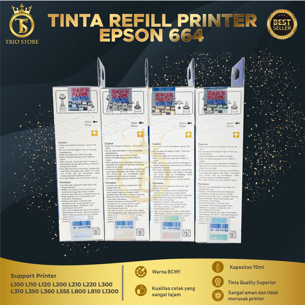 1 SET 4 PCS Tinta Epson 664 For Printer L100 L110 L111 L120 L130 L132 L200 L210 L220 L222 L300 L301 L310 L350 L351 L355 L360 L810 L850 L1300 L1800