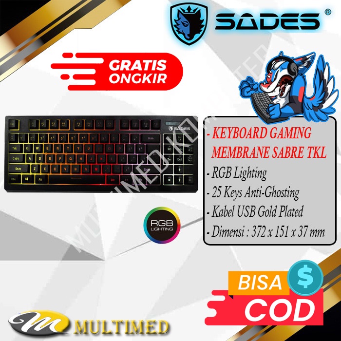 Keyboard Gaming SADES Membrane TKL Sabre RGB