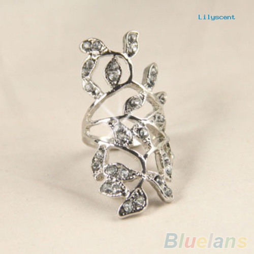 [LS] Fashion Wanita Berlian Imitasi Mengkilap Berongga Daun Bersama Armor Knuckle Cincin Perhiasan