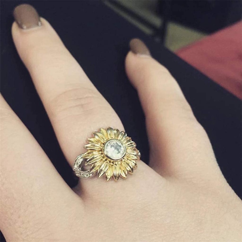 Indah Cincin Wanita Dua Tone Perak Bunga Cincin Bulat Permata Hadiah