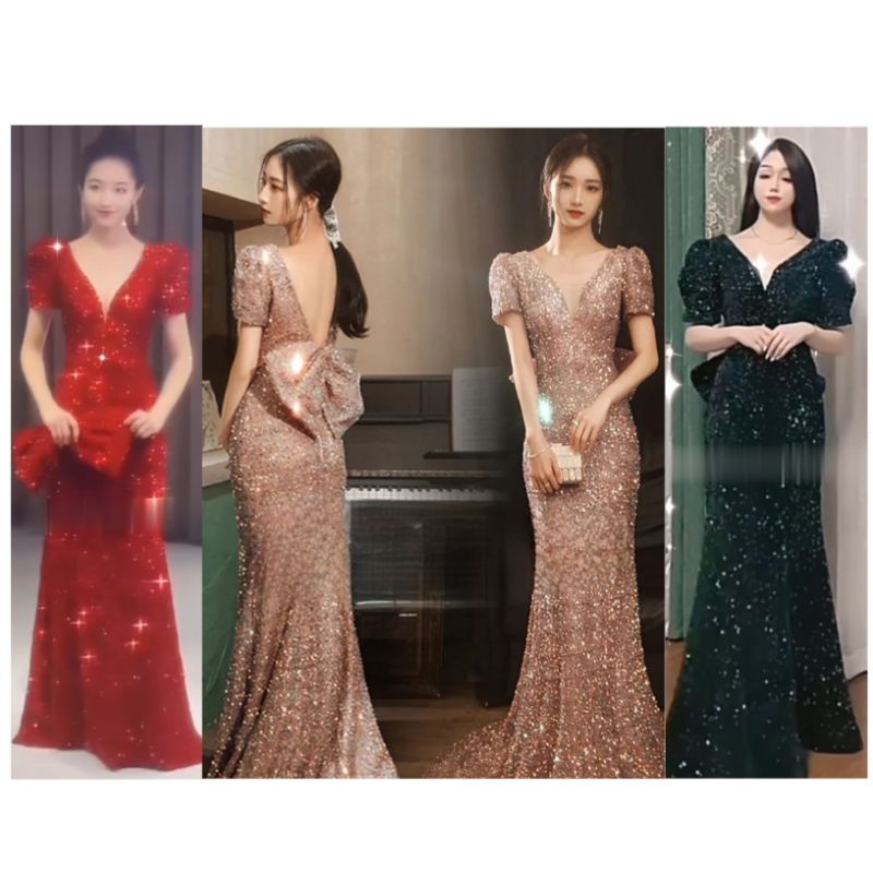 dress sequin sleeve big bow low back long dress long gown gaun panjang malam night costum kostum pes