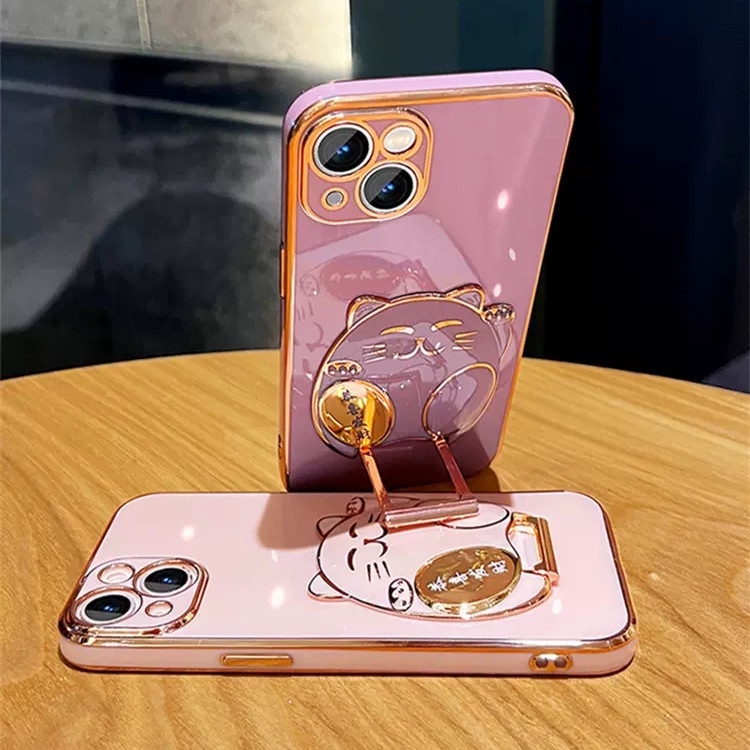 IPHONE 3d Fortune Cat Plating Stand Holder Phone Case Untuk Iphone12 Pro Max13 Pro Max14 Pro Max14Plus Casing Soft Cover Silikon Ultra-Tipis Mewah