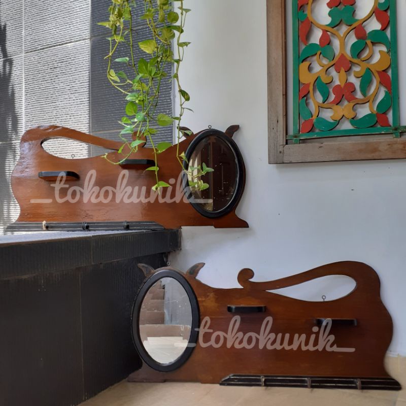 SEPASANG Kapstok Cermin Jati Antik Kuno Lawas Jadul Vintage (Kucing-A)
