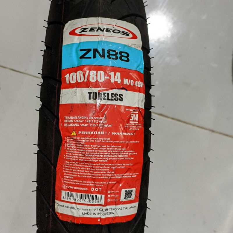 Ban Luar Tubeless Zeneos ZN 88 100/80-14 Sepeda Motor