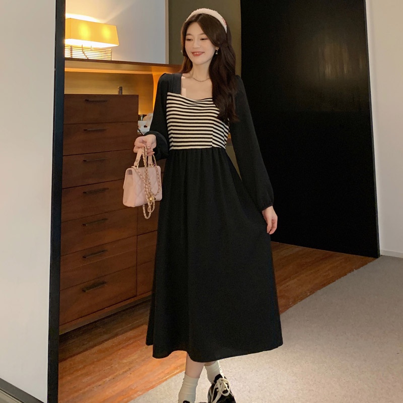 Fashion Lengan Panjang Dress Wanita Midi Retro A-Line Bergaris Gaun Hitam