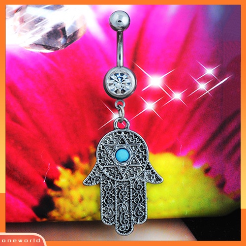 [oneworld] 1pc Vintage Hamsa Symbol Fatima Tangan Berlian Imitasi Pusar Belly Button Ring