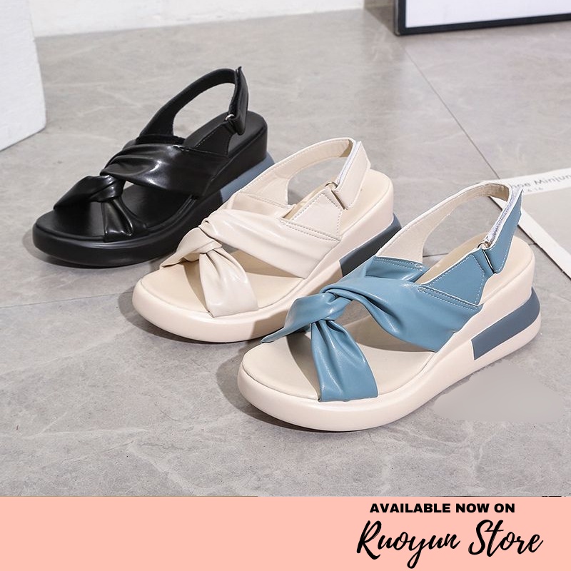 RYX - Savrina Folds Sandal Velcro Wedges Tinggi Wanita Fashion Casual / Jalan-Jalan - Ori Import